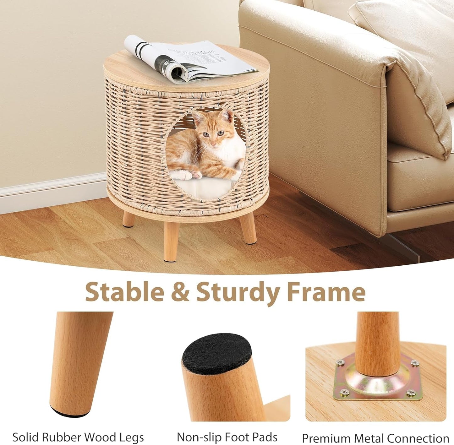 Katzenhaus Rattan, Katzenmöbel mit Holzbeinen & soft Kissen, 3 in 1 Katzenhöhle Fußhocker Nachttisch, Katzenbett stabil bis 30 kg voor Wohnzimmer Schlafzimmer