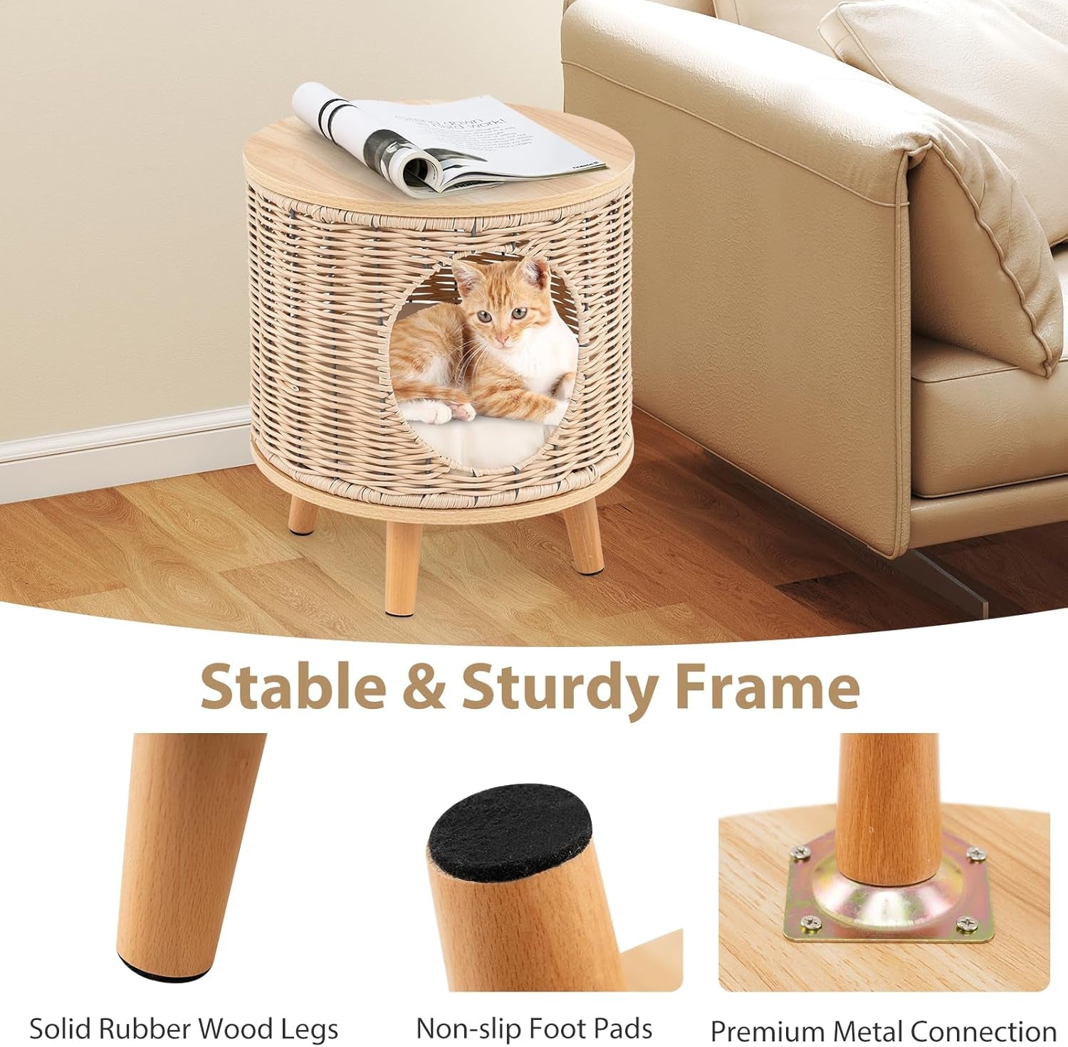 Katzenhaus Rattan, Katzenmöbel mit Holzbeinen & soft Kissen, 3 in 1 Katzenhöhle Fußhocker Nachttisch, Katzenbett stabil bis 30 kg voor Wohnzimmer Schlafzimmer