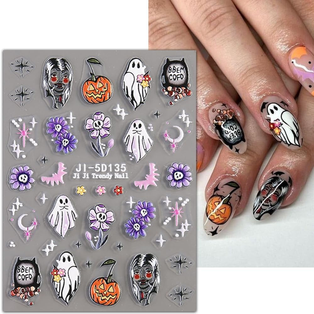 JMEOWIO 3D Nagelsticker Halloween Nail Art Sticker Selbstklebend Nagelaufkleber 5D Stereoskopisch Süßer Geisterkürbis Decoratie Nageldesign Zubehör 4 Blatt