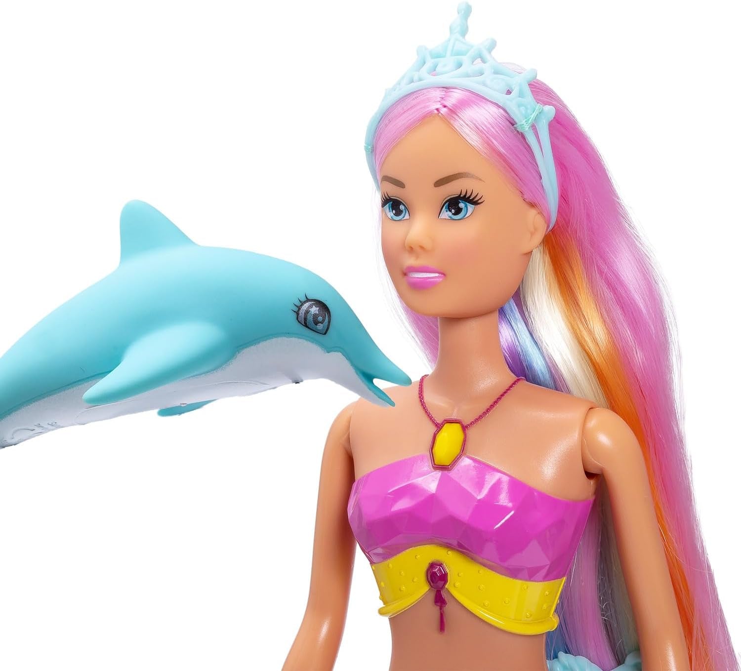 Simba Steffi Love Mermaiserende zeemeerminpop met regenbooglichtfunctie, extra lang haar, dolfijnfiguur en haarclips, 39 cm hoog, Try-Me-functie, vanaf 3 jaar