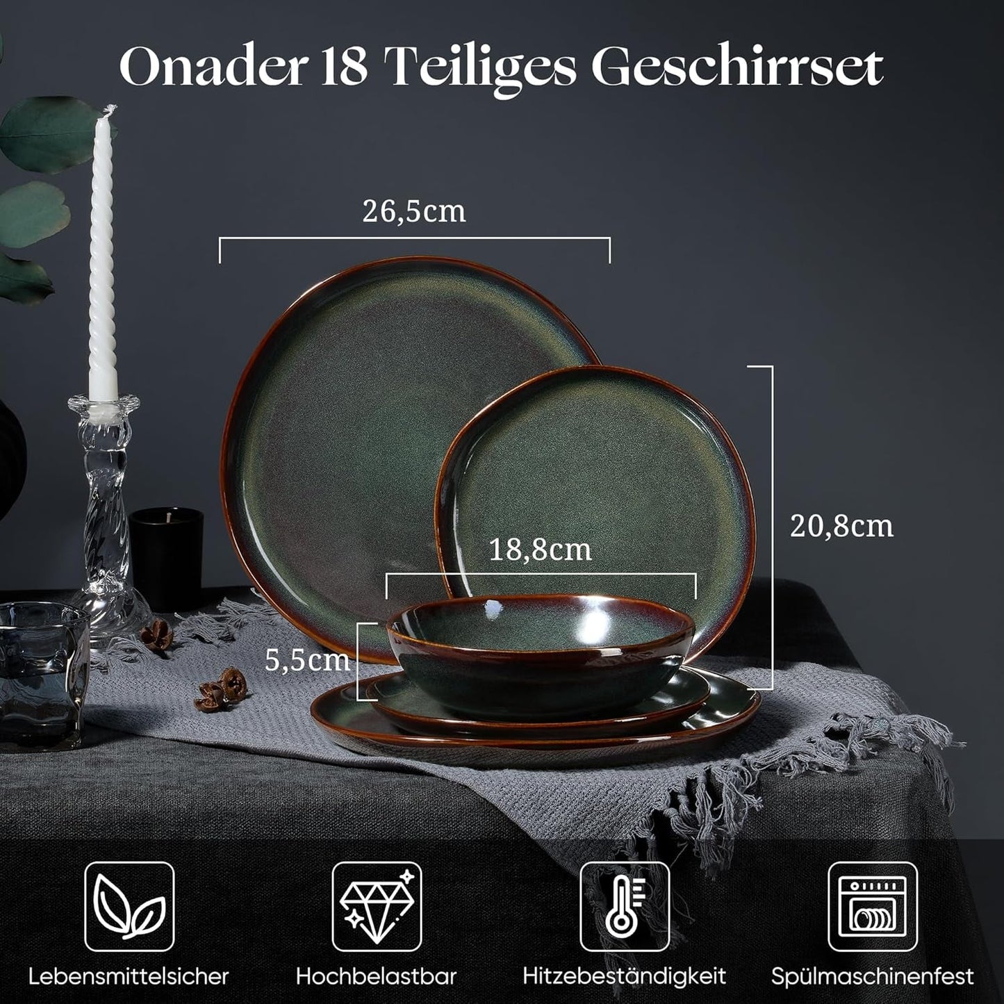 6-persoons serviesset, 18-delige steengoed serveerset, onregelmatige ronde graanschalen, dessertborden, dinerborden, krasbestendig magnetronbestendig, reactief mosgroen