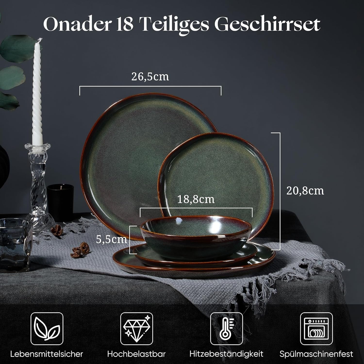 6-persoons serviesset, 18-delige steengoed serveerset, onregelmatige ronde graanschalen, dessertborden, dinerborden, krasbestendig magnetronbestendig, reactief mosgroen