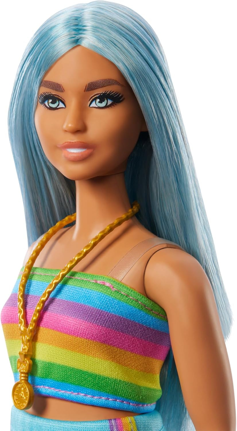 Barbie Fashionistas pop nr. 218 met lang blauw haar, regenboogtop en turquoise rok, verzamelmodepop voor de 65e verjaardag, HRH16 Naty Shop Dolls