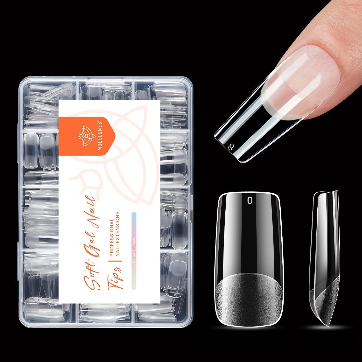 Modelones nageltips 216 stuks - volledige dekking nageltips set, zachte gel tips set, pre-polijsten PMMA hars nageltips, doe-het-zelf lijm op nail art kunstnagels, korte amandelen XS