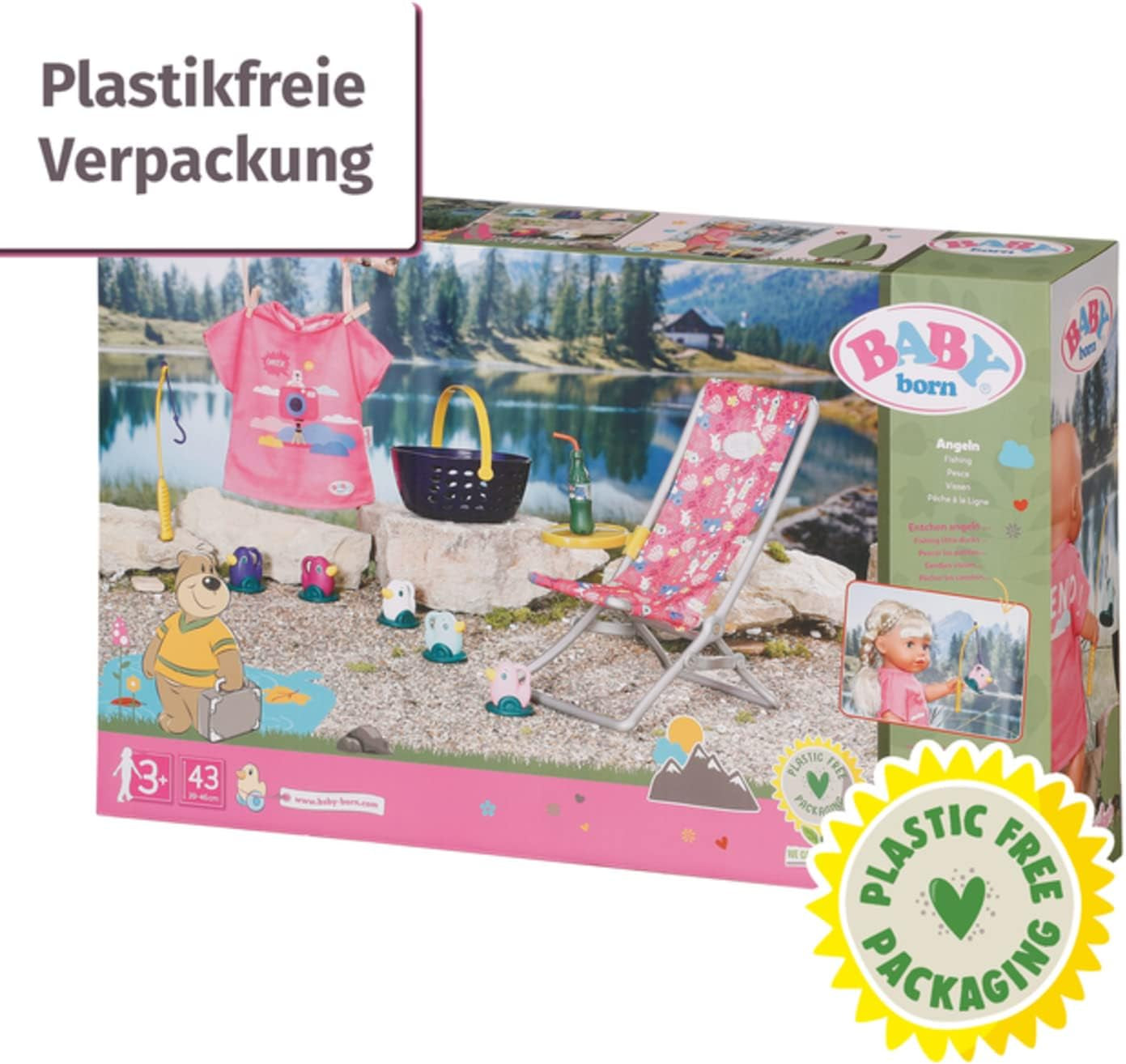 BABY born 832790 Weekend Fishing - Visserijpop accessoireset met ligstoel met levendige print, bijzettafel, glas, mand, eendjes en hengel en roze lang shirt, Roze