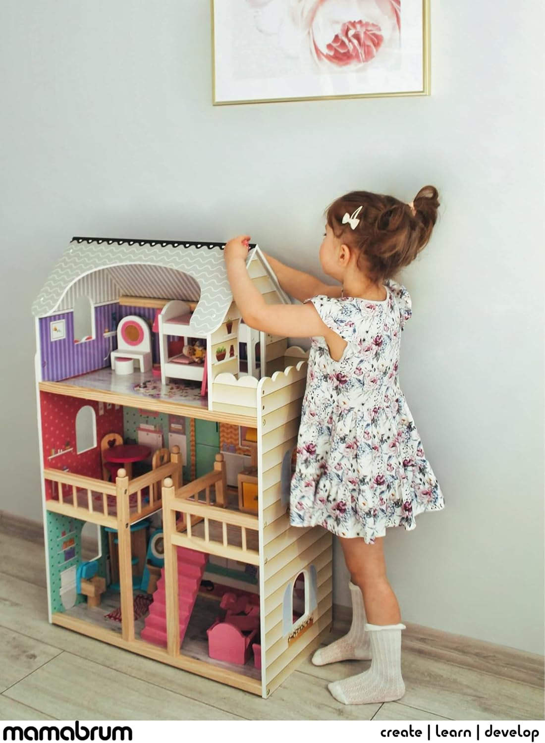 A405 LED-verlicht poppenhuis - 3 verdiepingen en meubelset - Houten speelhuis inclusief accessoires: keuken, badkamer, slaapkamer - Cadeau voor meisjes vanaf 3 jaar Poppenhuizen Naty Shop