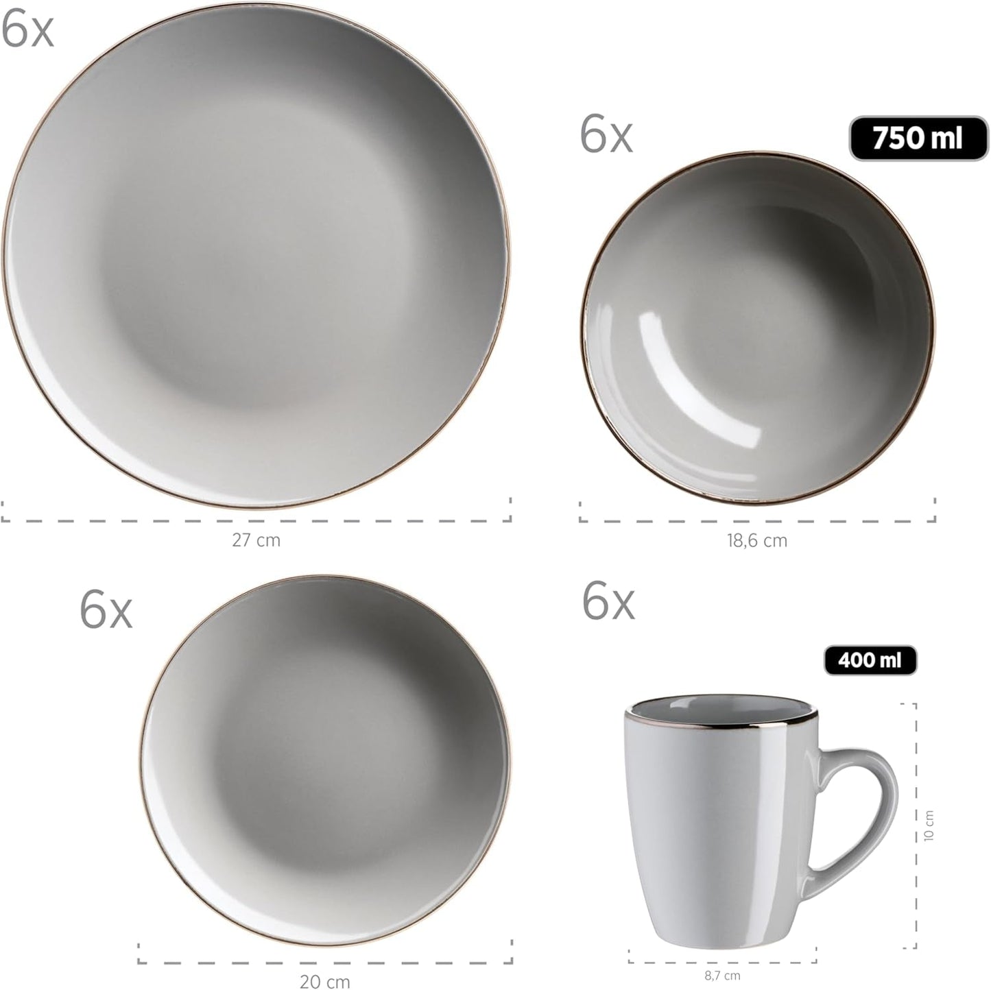 MÄSER Metalen frame, Modern 6-persoons servies met messingkleurig frame, 24-delig combinatieservies met randloze bekervormen, Steengoed, Grijs