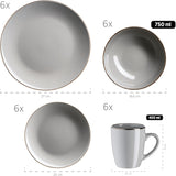 MÄSER Metalen frame, Modern 6-persoons servies met messingkleurig frame, 24-delig combinatieservies met randloze bekervormen, Steengoed, Grijs
