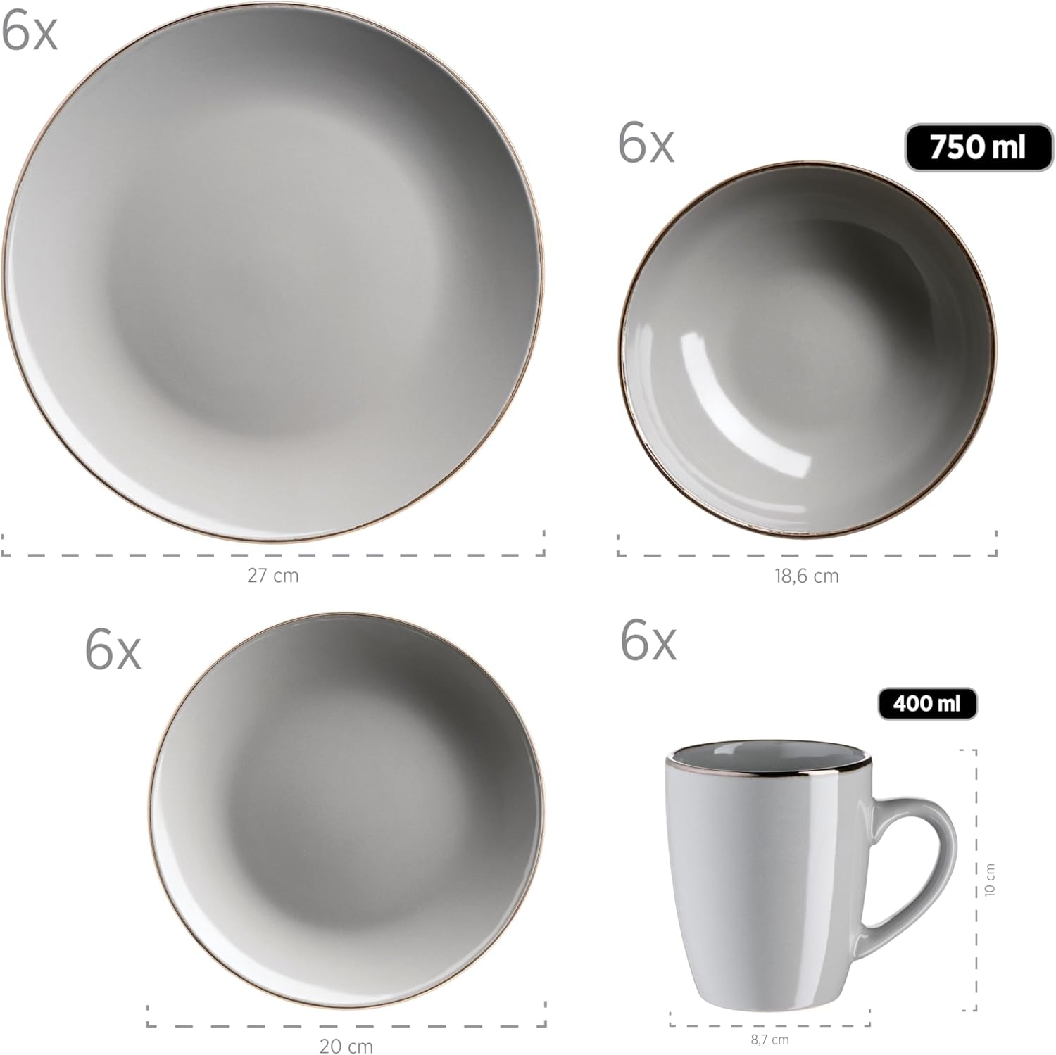 MÄSER Metalen frame, Modern 6-persoons servies met messingkleurig frame, 24-delig combinatieservies met randloze bekervormen, Steengoed, Grijs