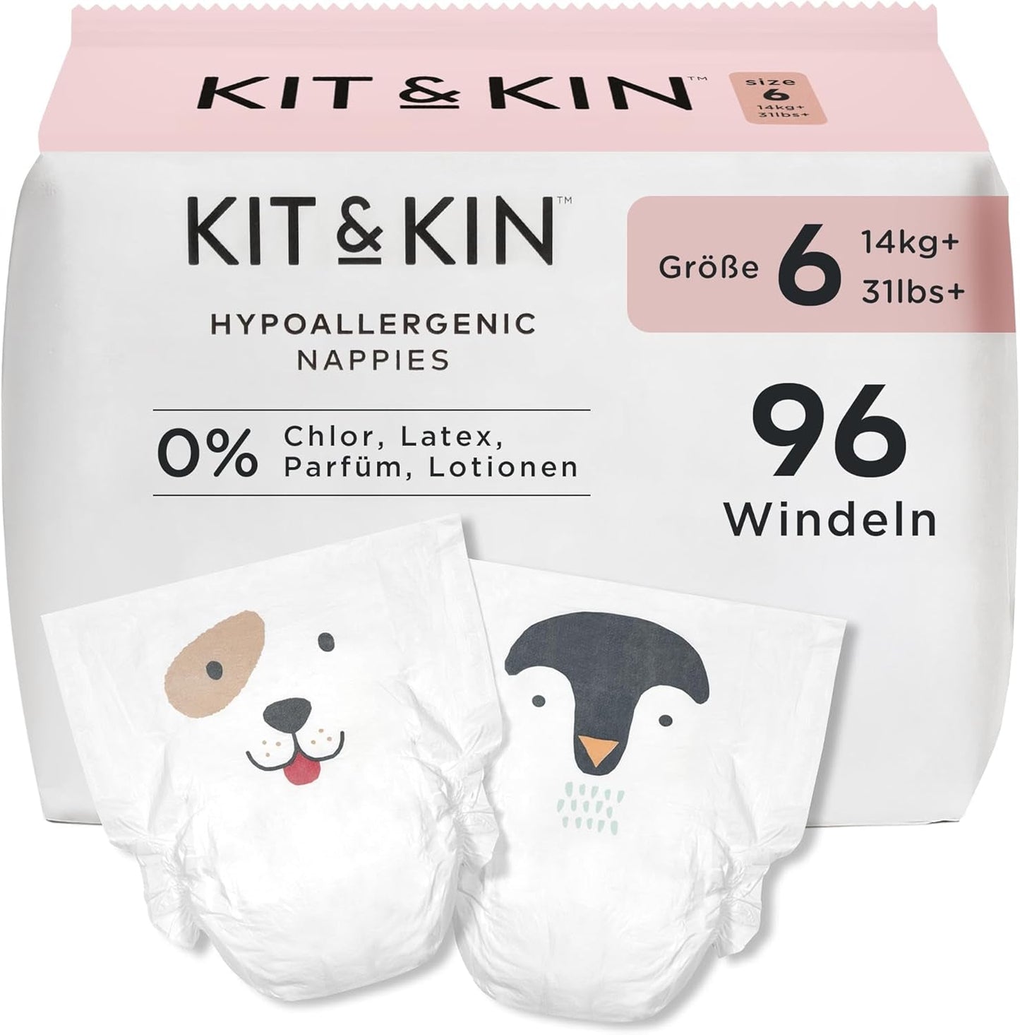 Kit & Kin Premium luiers, maat 4 (9-14 kg), 128 stuks, plantaardig en hypoallergeen, betrouwbare lekbescherming, veganistisch en dierproefvrij