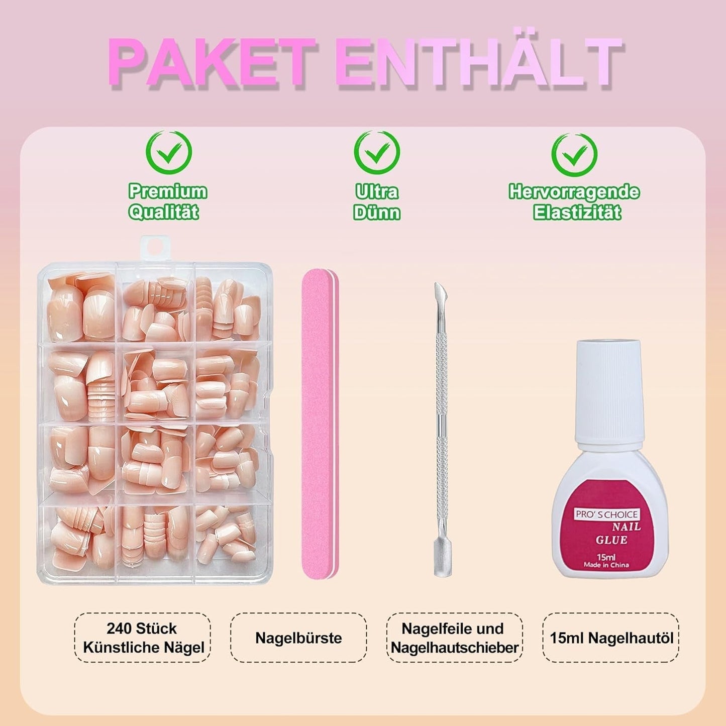 Kunstnagels set - 240 stuks korte vierkante nagels zacht gelmodel naakt wit gradiënt nep natuurlijke lijm op nepnagels voor vrouwen DIY (naakt gradiënt, 240X)