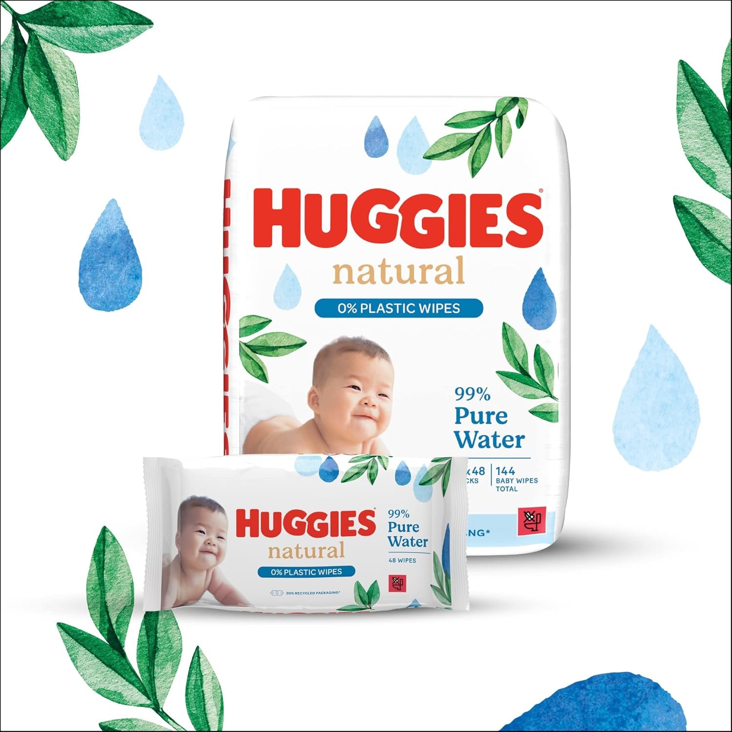 Huggies natuurlijk biologisch afbreekbare vochtige doekjes voor gevoelige baby's, 8 x 48 doekjes, bulkverpakking