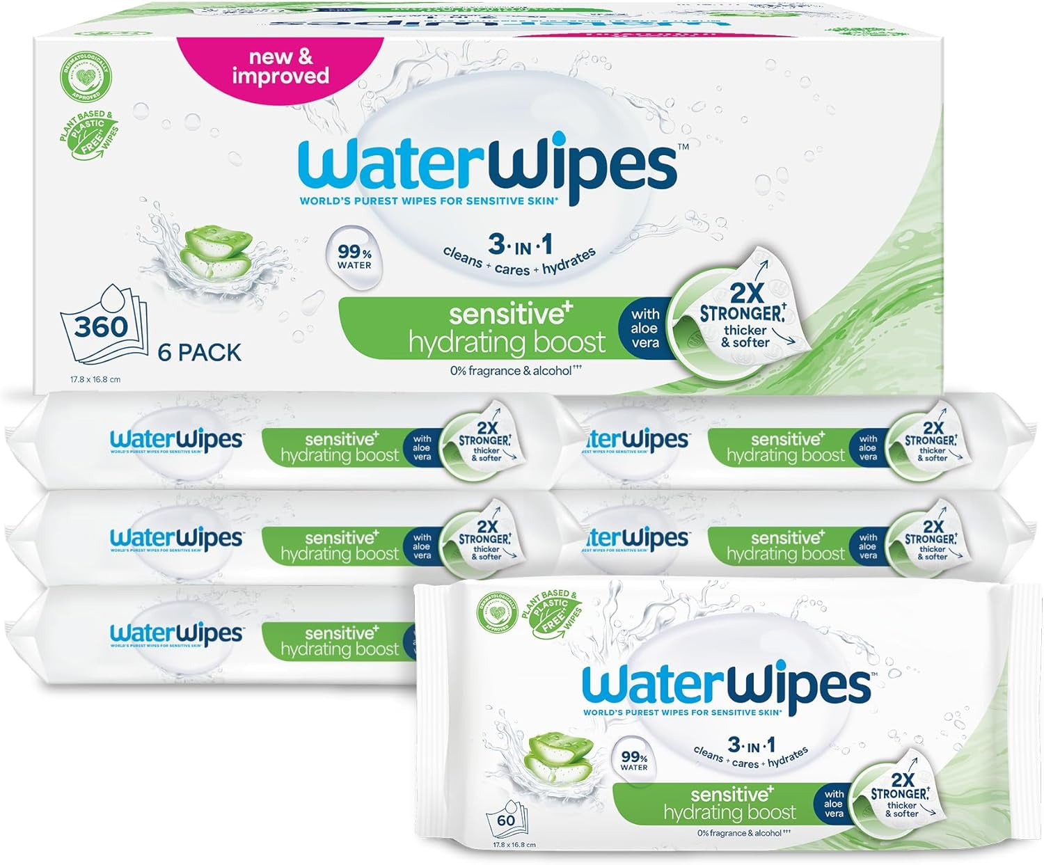 WaterWipes Sensitive+ Hydrating Boost Vochtige doekjes, Hydraterende doekjes, 720 stuks (12 stuks), 3 in 1 Schoon, Verzorgend, Hydrateren, 99% Aloë Vera Water, Ongeparfumeerde babydoekjes