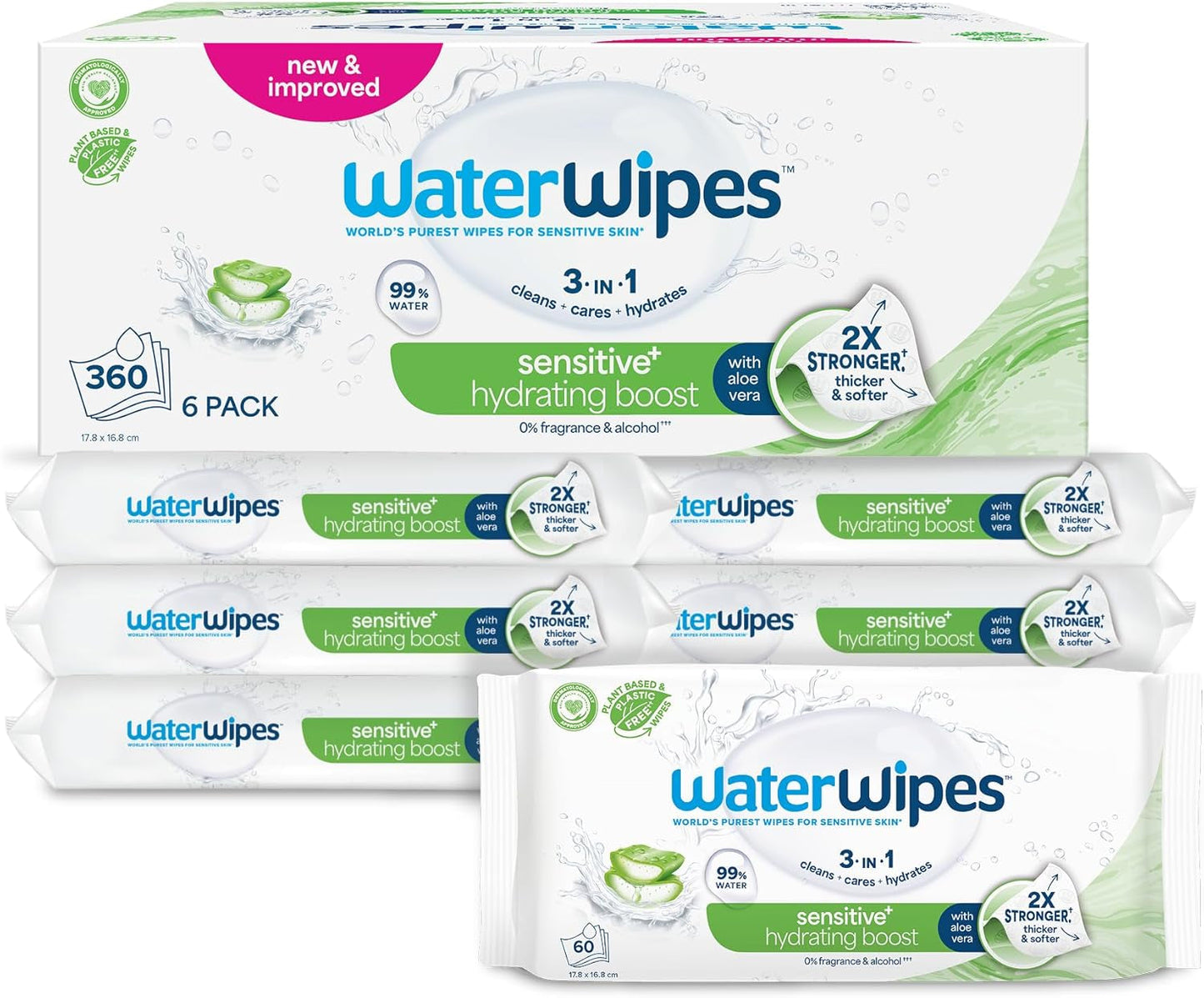 WaterWipes Sensitive+ Hydrating Boost Vochtige doekjes, Hydraterende doekjes, 360 stuks (6 stuks), 3 in 1 Schoon, Verzorgend, Hydrateren, 99% Aloë Vera Water, Ongeparfumeerde babydoekjes