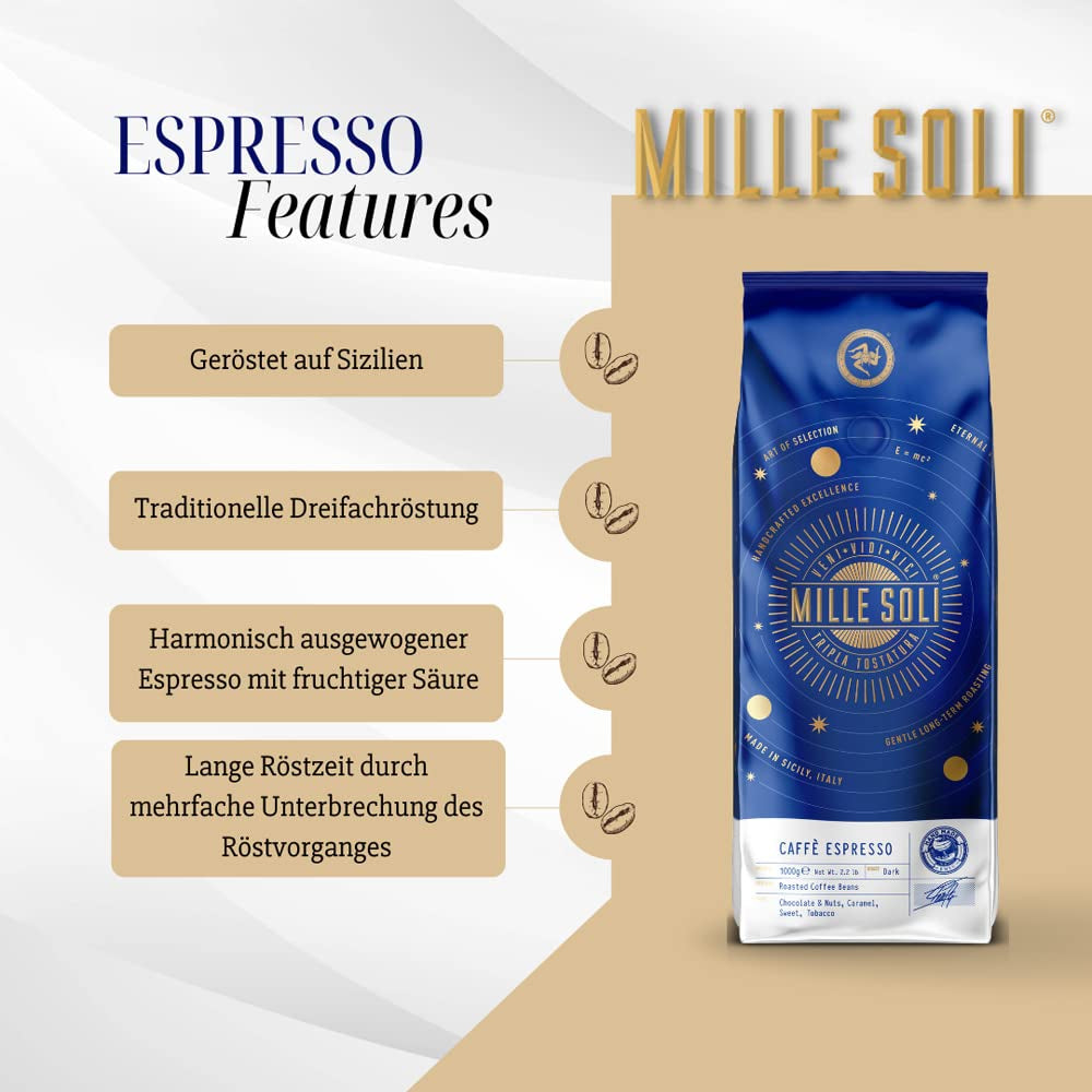 Caffè Espresso - Espressobohnen 1kg - Traditionele driefasige bereiding in de hand - Premium Kaffeebohnen met perfecte crema en säurearm voor volledig geautomatiseerde en Siebträger