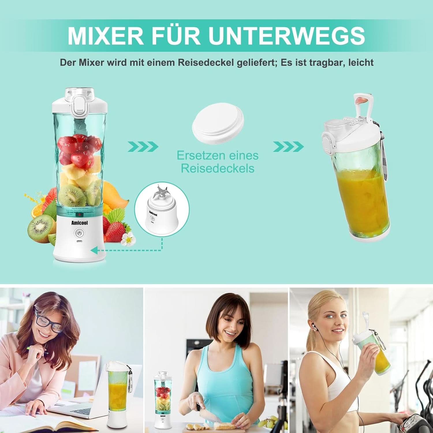 Mixer Smoothie Maker to Go, Mini Standmixer Tragbar Mit 6-Klingen Edelstahl, Enstafer Mit Reisedeckel, USB Draagbare Blender Elektrisch 600Ml Fles, Mixer Shaker Slushy Maker Wasserdichter Bucatarie Naty Shop