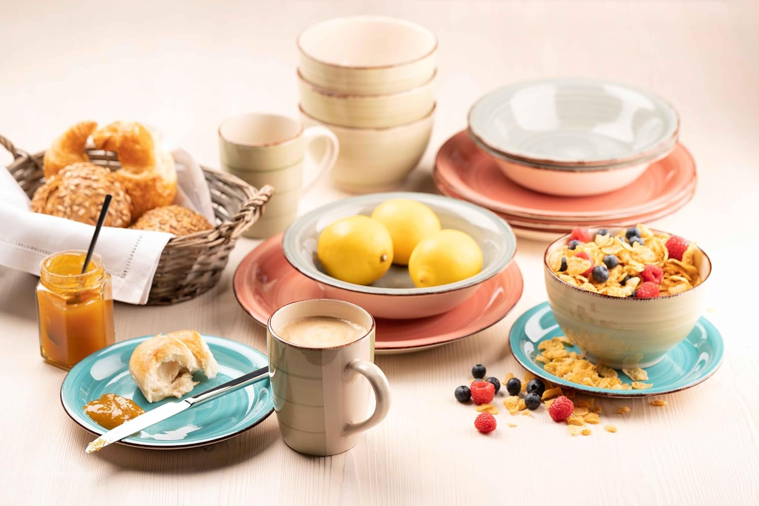 MÄSER 931612 Bel Tempo II vintage serviesset voor 6, 30 stuks, gecombineerd servies in blauw handgeschilderd keramiek, steengoed, rookblauw