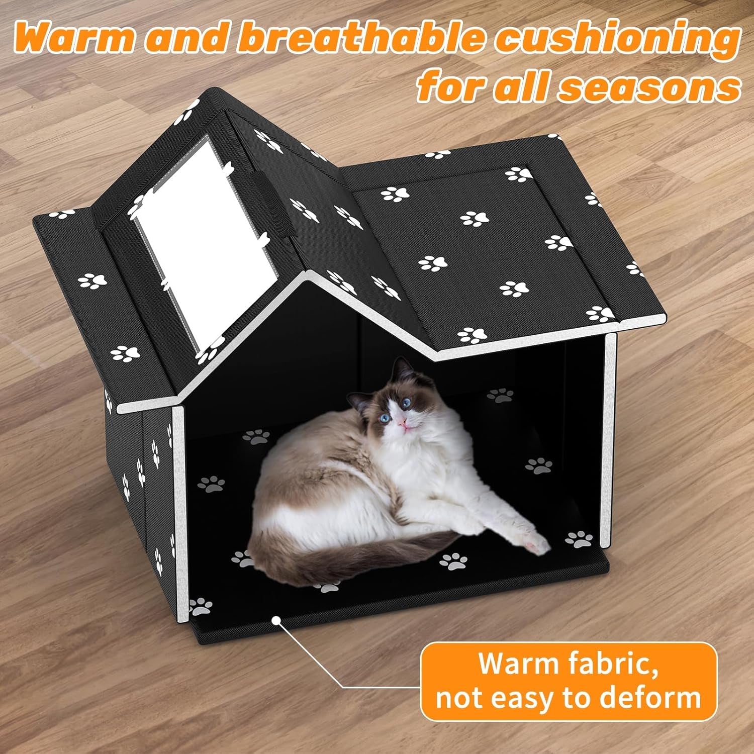 Katzenhaus Für Draußen Winterfest, Haus für verwilderde Katzen mit abnehmbaren Kissen, Winterschutz für Haustiere mit Türvorhängen, einfach zu monieren