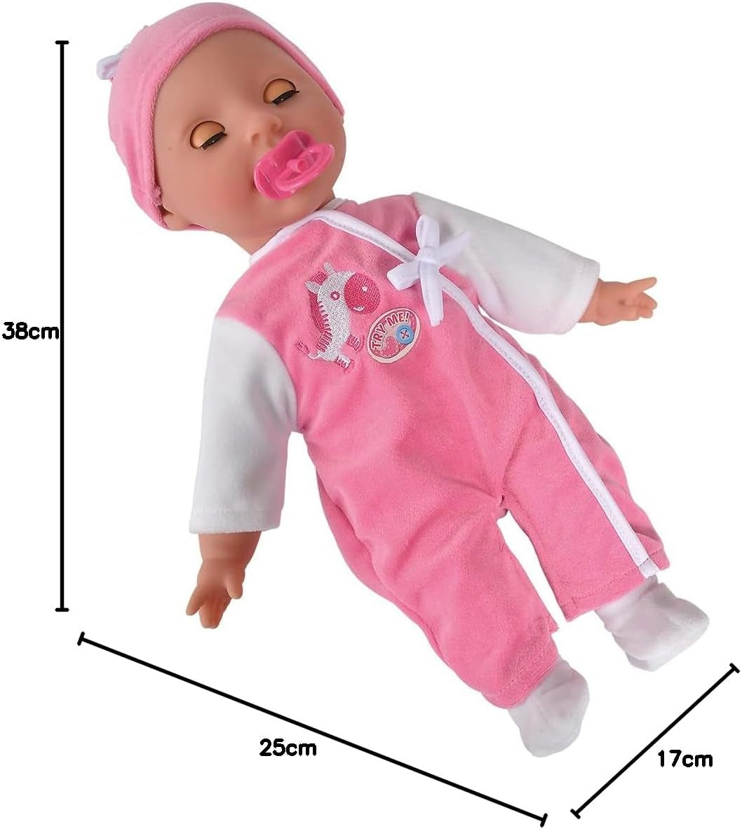 Simba 105140489 - Laura Baby Talk Doll, 38 cm zachte lichaamspop met slaperige ogen in schattige jumpsuit, 24 babygeluiden, speelpop, babypop, vanaf 2 jaar