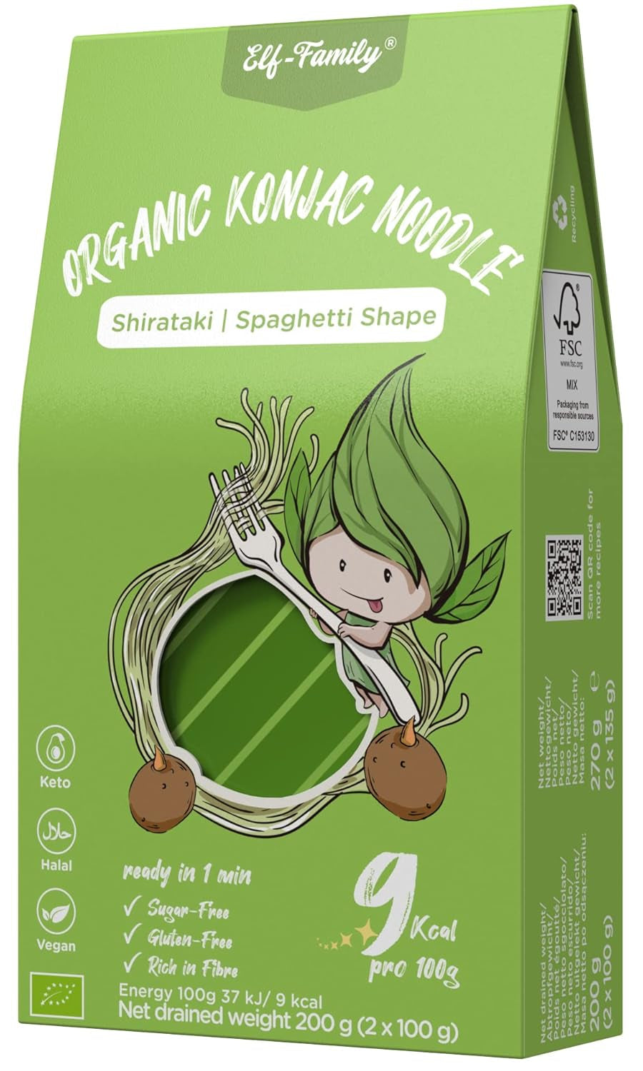 Elf-Family 270g x6er doos (12 stuks) Bio Konjak Nudeln Ultra Low Carb Shirataki Nudeln Veganistisch Glutenvrij-Instant Nudeln ohne kohlenhydrate/Keto/Kalorienarme/Fettfrei/Zuckerfrei -Spaghetti MHD: 12/11/2026