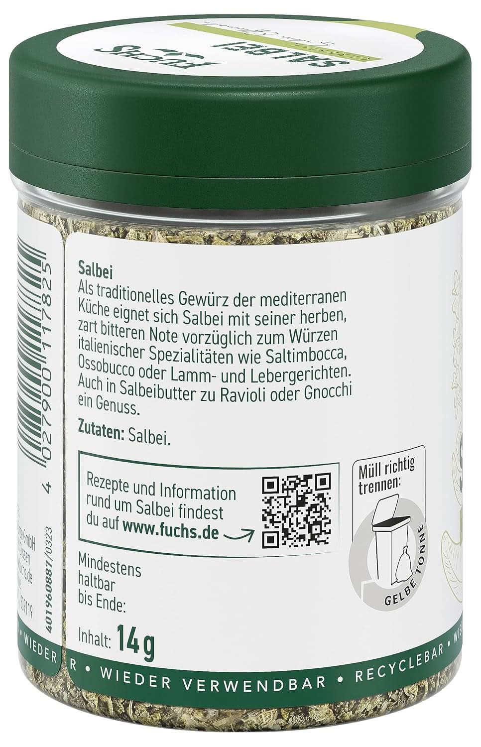 Fuchs, Salie, Zure noot, delicaat bitter voor Ravioli of Gnocchi, 14 gram Specerijen Naty Shop