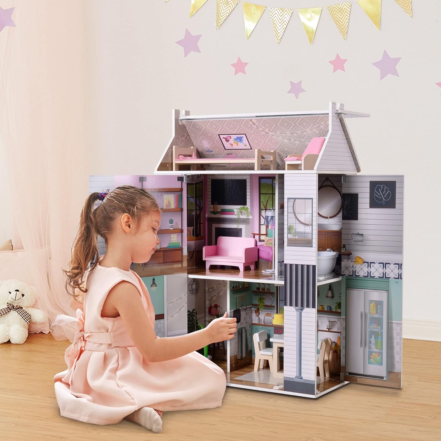 Olivia's Little World Dreamland 3-laags interactief houten poppenhuis met 13 poppenmeubelaccessoires Wit TD-13632A