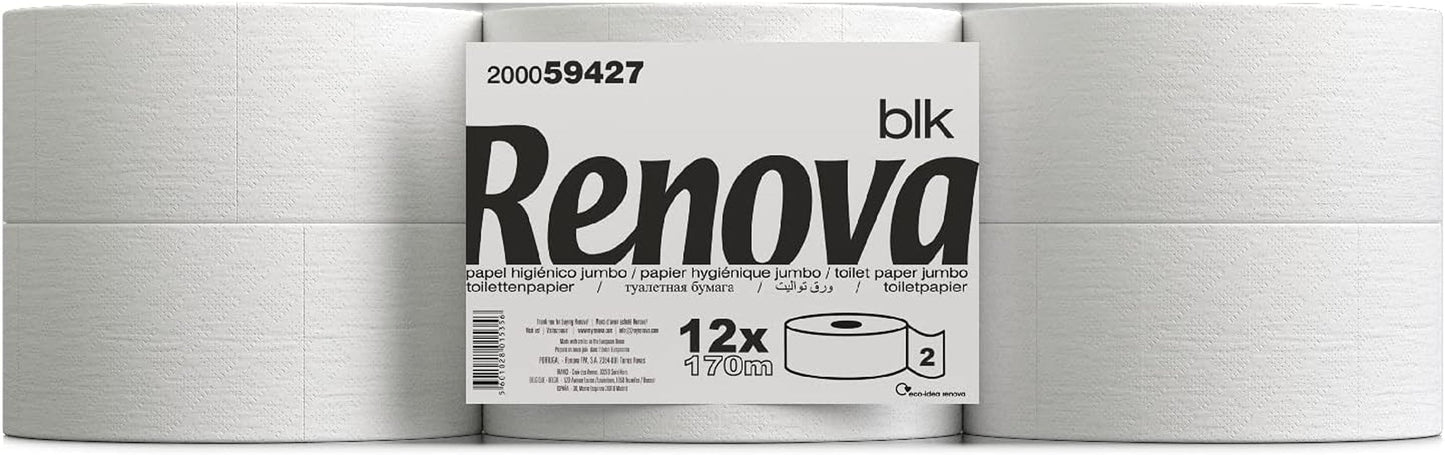Toiletpapier Renova Jumbo BLK, 12 rollen van 170 M, wit papier, 2 lagen