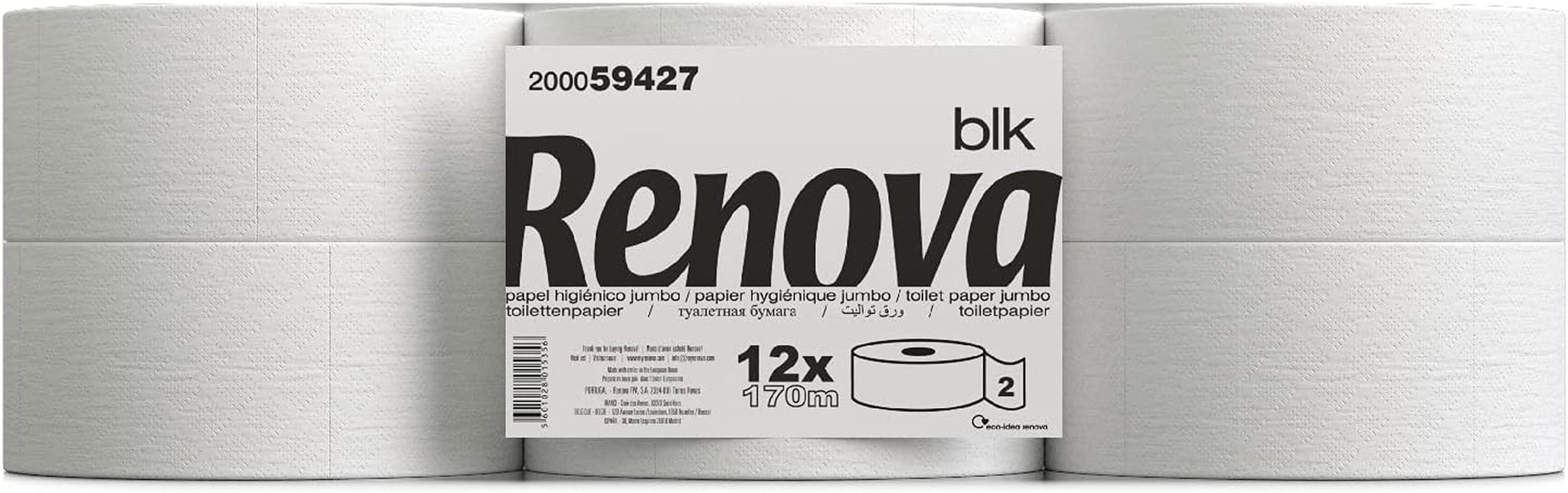 Toiletpapier Renova Jumbo BLK, 12 rollen van 170 M, wit papier, 2 lagen