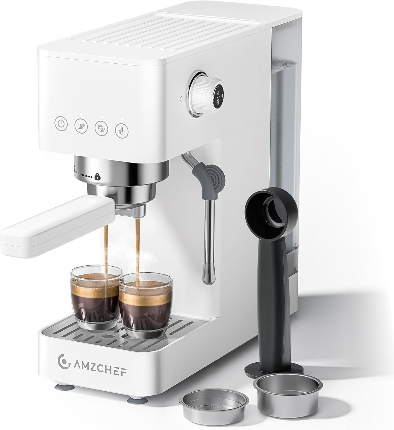 AMZCHEF 20 bar espressomachine, LED-display, professionele melkopschuimer en roestvrijstalen stoomlans, 1,5 liter verwijderbare tank, 1350 W snelle verwarming, wit
