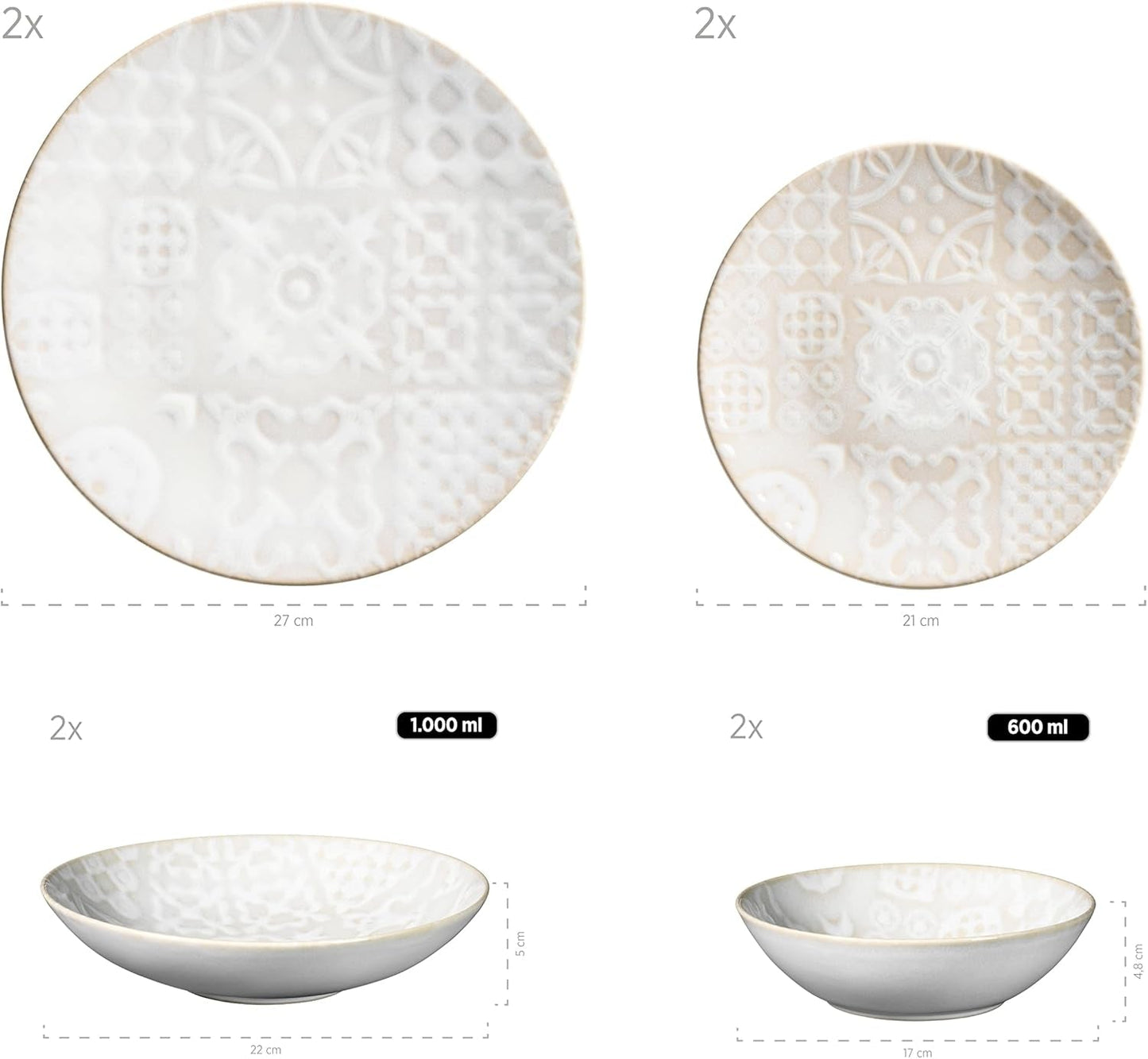 MÄSER 935079 Moderne vintage serviesset voor 2 personen, Moors design, 8-delig servies, hoogwaardige keramische borden en schalen, steengoed, wit