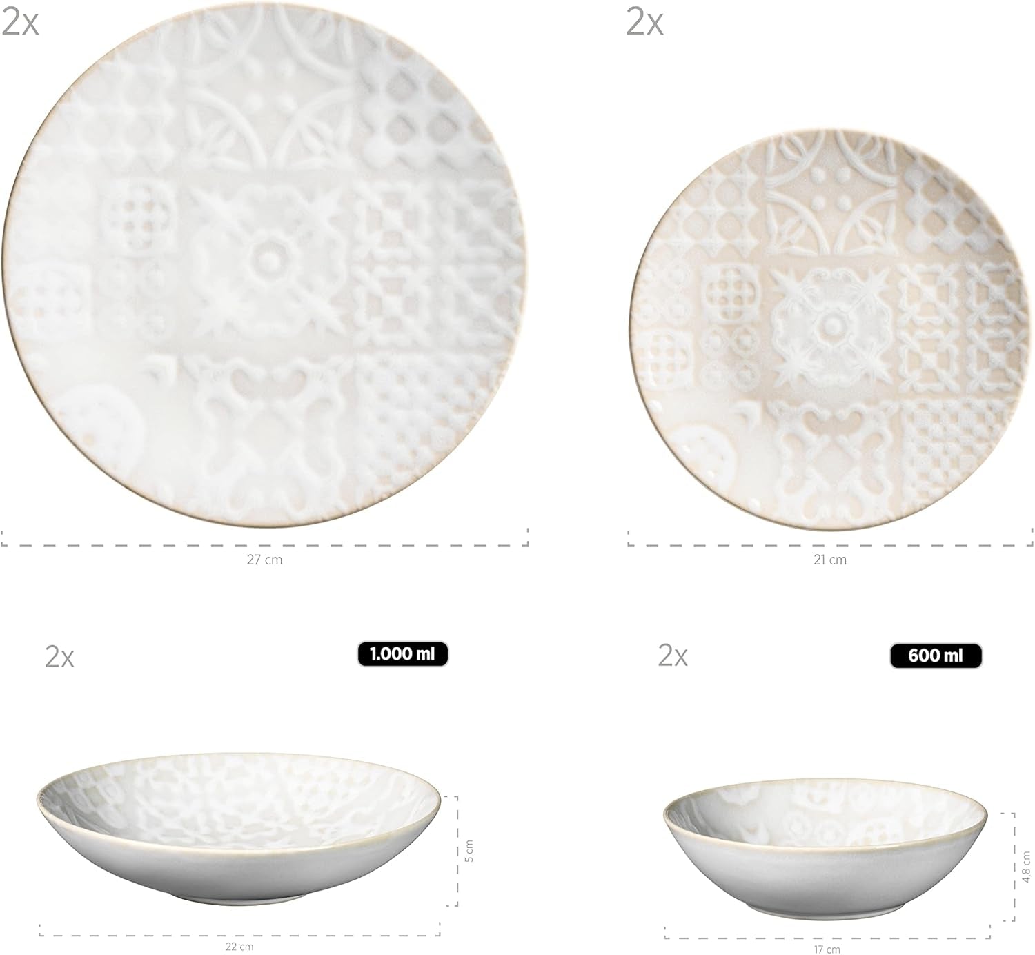 MÄSER 935079 Moderne vintage serviesset voor 2 personen, Moors design, 8-delig servies, hoogwaardige keramische borden en schalen, steengoed, wit