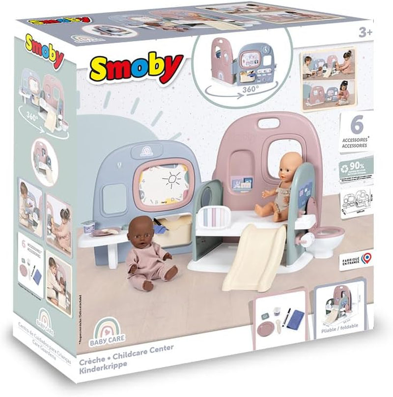 Smoby - Babyverzorging Poppenkwekerij - Poppenspeelcentrum Kinderdagverblijf + Kleuterschool Dagelijks leven - Opvouwbare speelruimte met 360° rotatie - 6 accessoires - Gemaakt van 90% gerecycled materiaal in Frankrijk, vanaf 3 jaar