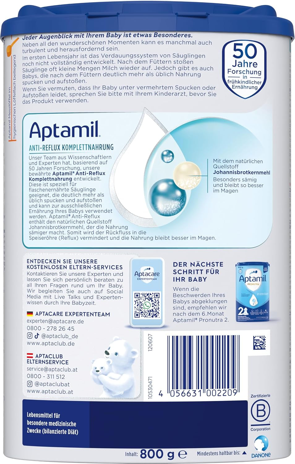 Aptamil Anti-Reflux - Volledige formule vanaf de geboorte Dieetmanagement Braken en oprispingen Babyvoeding Melkpoeder 1 x 800 g