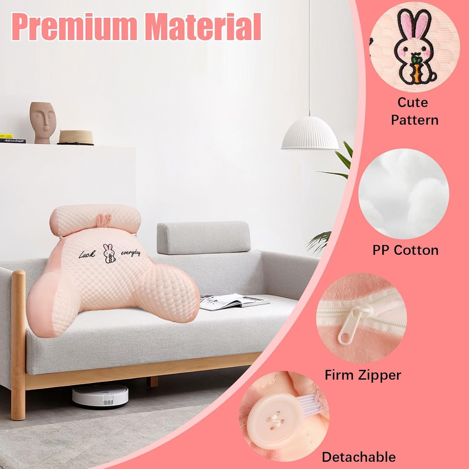 Leeskussen, bedkussen, extra groot rugkussen voor volwassenen 70x50cm voor lezen met afneembare nekrol en steunarm, comfortabel leeskussen voor bed en bank (roze, extra groot)