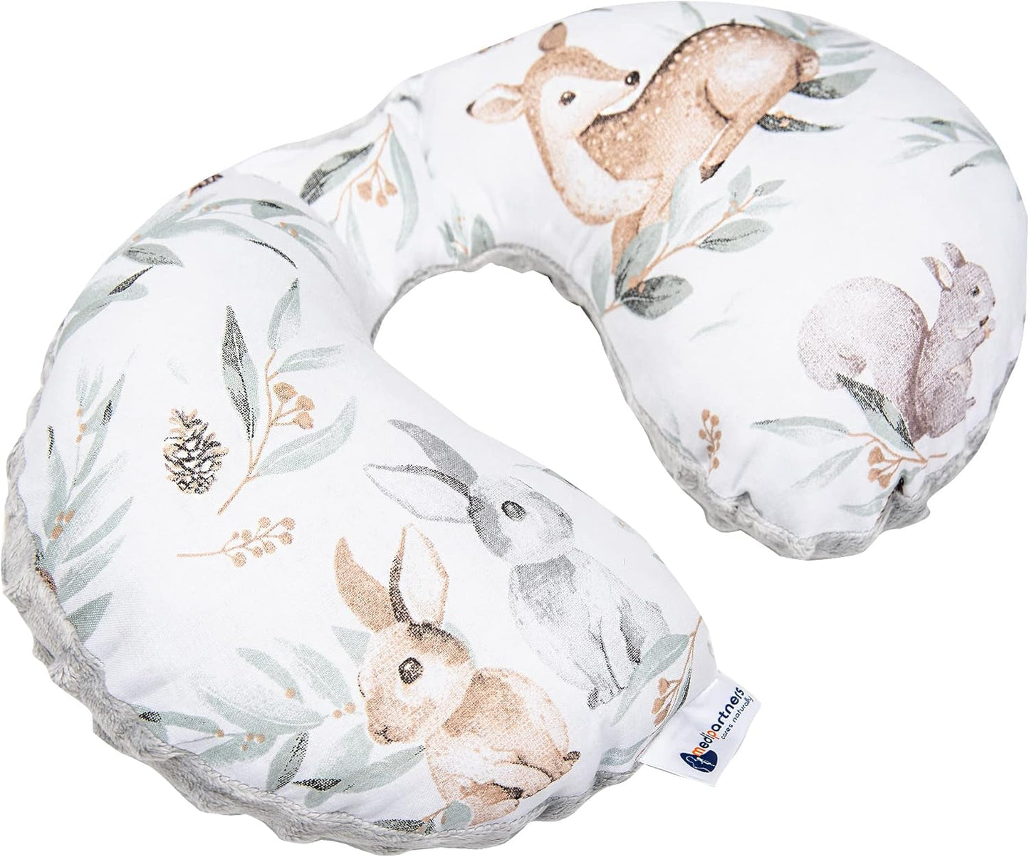 Medi Partners Baby nekkussen Neksteun 100% katoen / nertsen baby nekkussen voor auto kinderwagen reizen slaap nekkussen snooze roll (REH met grijze Minky) Cervicale orthopedische kussens Naty Shop Hert in bladeren met grijze Minky