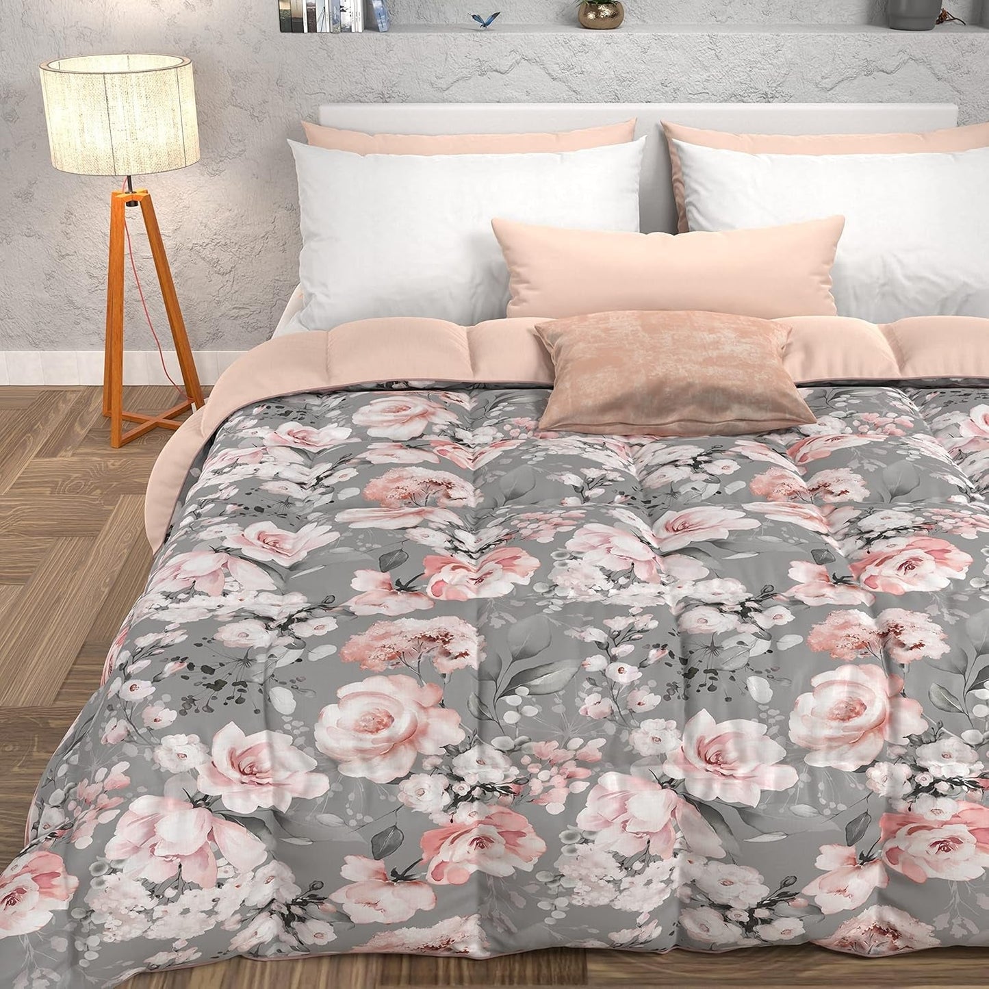 PETTI Artigiani Italiani - Winterquilt, Winterquilt, Eenvoudige quilt, Dubbelzijdig, Monocolor en digitaal printen, 100% hypoallergene microvezel, Made in Italy Naty Shop Quilts en Quilts Floral 17 Grey Una Piazza E Mezza