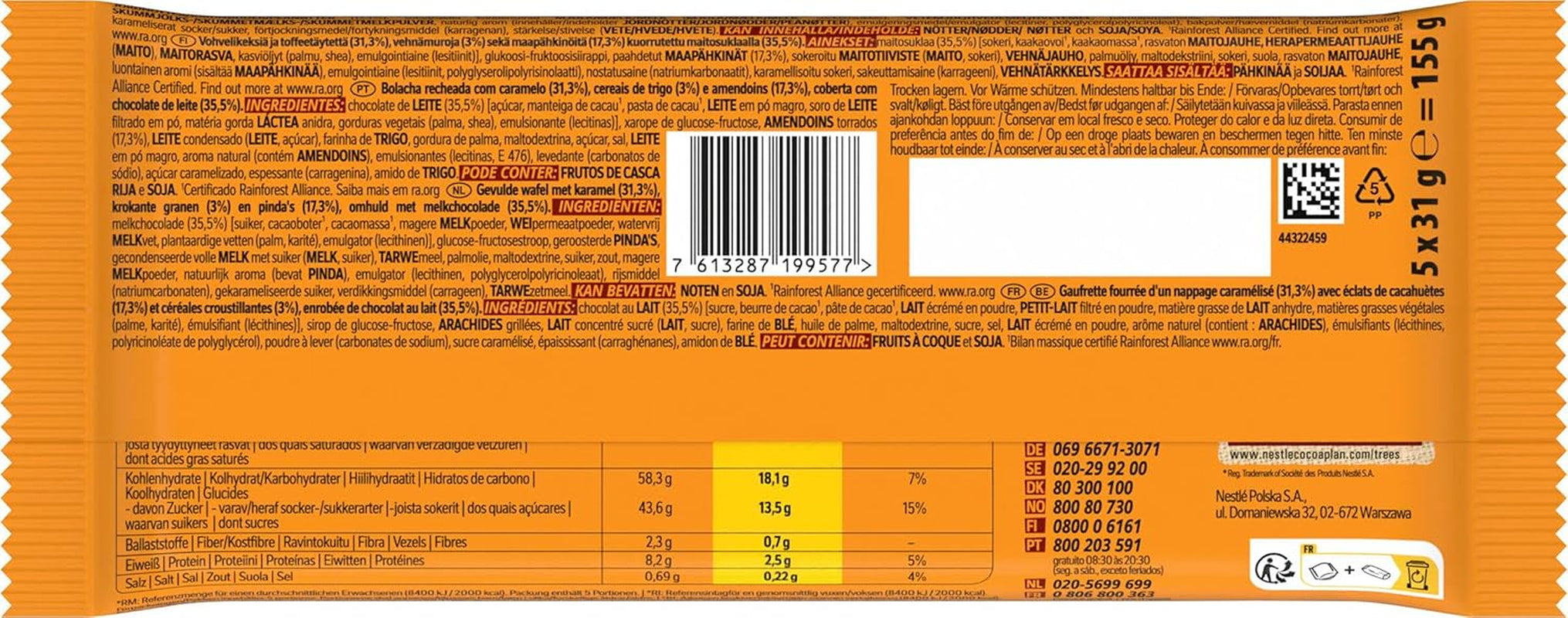 Met melkchocolade bedekte pindachocoladereep, heerlijke karamelvulling, pinda's en knapperige wafel, bulk snoeppakket, 1 pak (5 x 31 g)