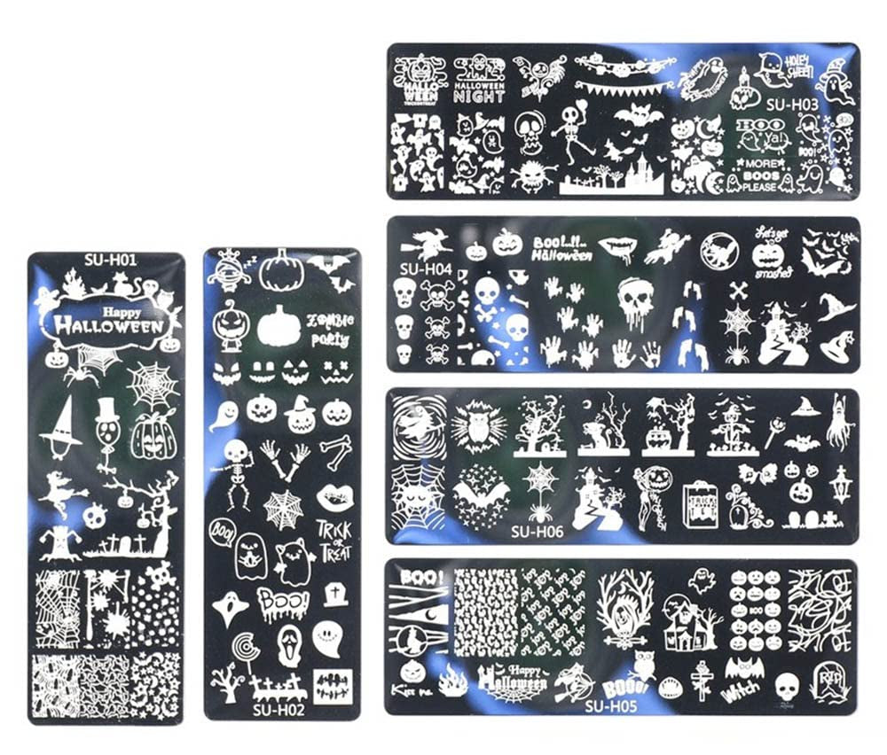 JMEOWIO Nagelstempelsjablonen Halloween 6 Stück Nagelstempelsjablonen Nail Art Decoratie Nageldesign Zubehör Böse Gruselige Kürbis-Geisterhexe