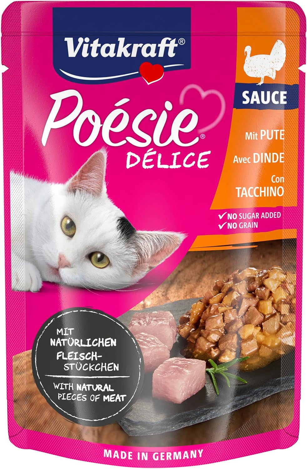 Vitakraft Poésie Délice, nat kattenvoer, kattenvoer in saus, met kalkoen, grootverpakking, zonder toegevoegde suiker of granen (23 x 85 g)