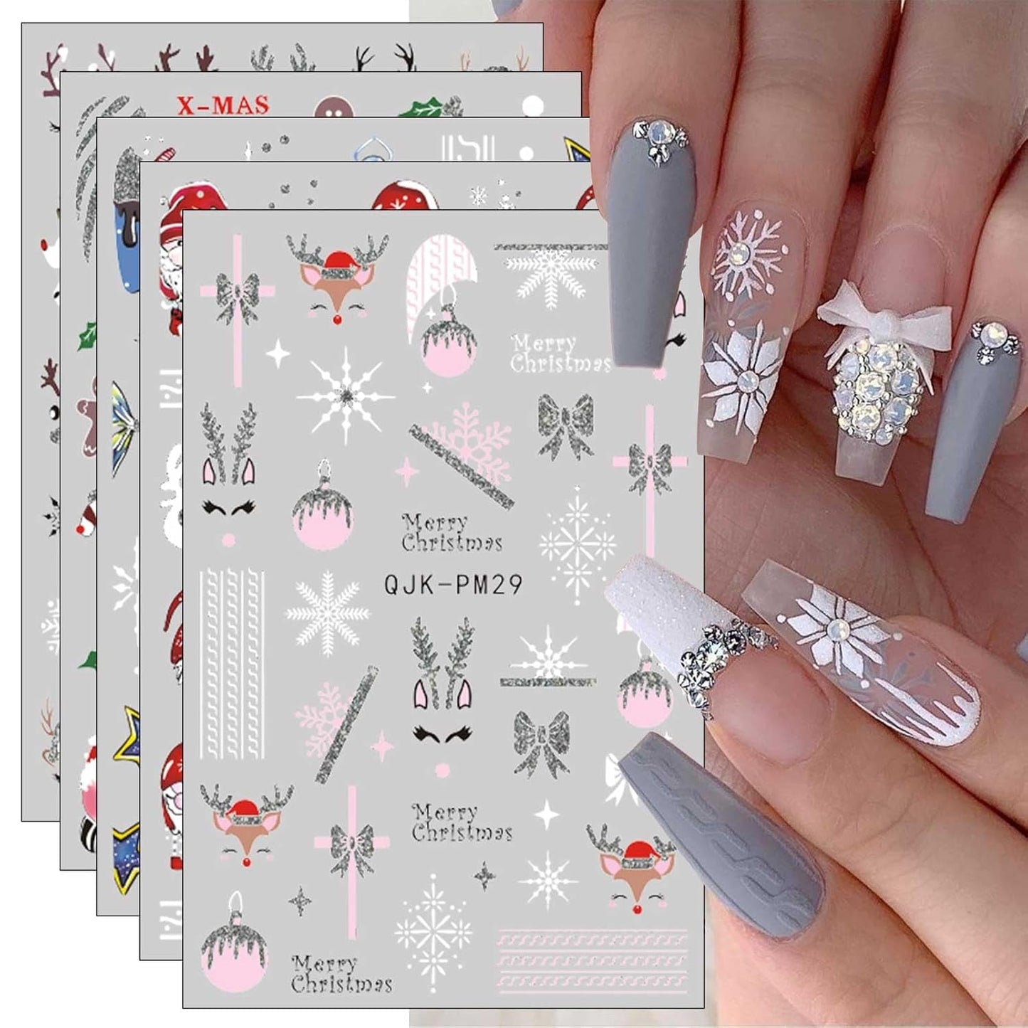 JMEOWIO Nagelsticker Glitzer Weihnachten 10 Blatt Nail Art Sticker Selbstklebend Nagelaufkleber Schneeflocken Winter Decoratie Nageldesign Zubehör