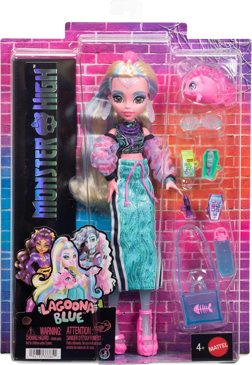 Monster High Lagoona Blue Neptuna vis korte top en sport maxi rok pop met 7 accessoires, waaronder schelpzonnebril, snack en tas, JHK33