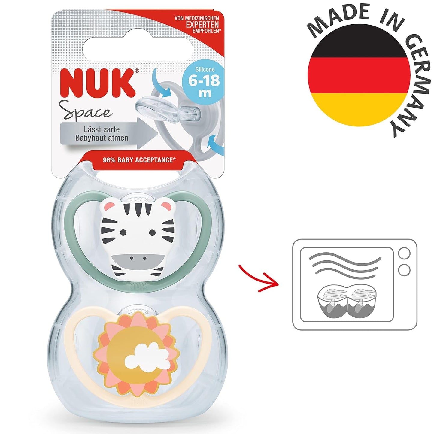 NUK Space Babyfopspeen 6-18 maanden, extra grote openingen voor gevoelige huid, BPA-vrije siliconen, zebrapatroon, 2 stuks