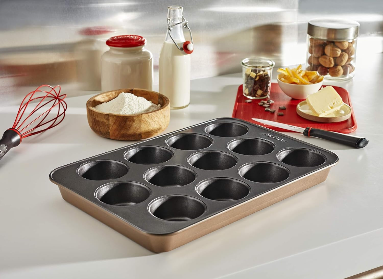 Tefal Airbake J2555014 Muffinform, Antihaftbeschichtung, Karbonstahl, Braun, 29 X 41 Cm Vormen en bakplaten Naty Shop