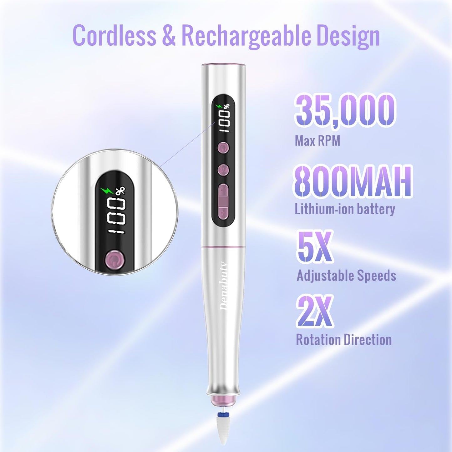 Denabuty Nagelfräser Kabellos, 13 in 1 Fräser Für Gelnägel 35000 U/Min, Elektrische Nagelfeile Professionell Nagelboor, Maniküre en Pedicüre Set Elektrisch voor Semi Permanent, Acrylnägel DN-2402