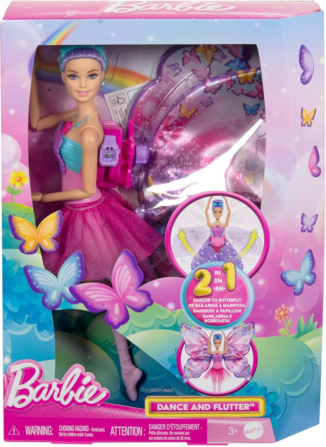 Barbie Dance And Flutter 2-in-1 transformatiepop van danseres tot vlinder met openslaande vleugels, paars haar, haarsieraden en afneembare tutu, HXJ10 Naty Shop-poppen