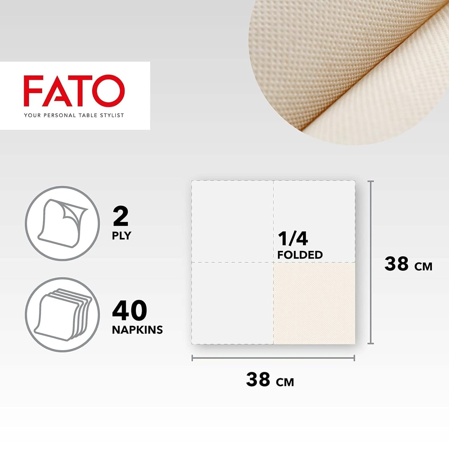Fato - Natuurlijke 4-voudige wegwerp papieren servetten, milieuvriendelijk, 40 stuks, maat 38X38, 2-laags, 100% gerecycled papier