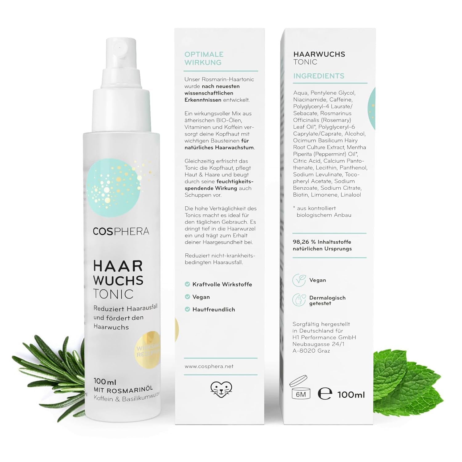 Rozemarijnolie haartonic spray 100 ml - Rozemarijnoliespray versnelt op natuurlijke wijze de haargroei - Haargroeimiddel voor vrouwen en mannen - Serum tegen haaruitval - Rozemarijn haarolie van Cosphera Hair Care Naty Shop