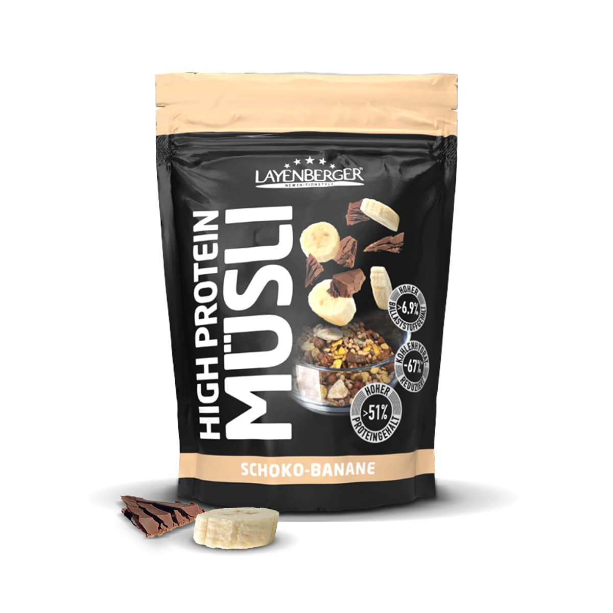 Layenberger 3K eiwitrijke muesli, 50% eiweiß en 18% kolenhydraat - enkel pakket (1X 390 G) - Schoko-Nuss Cereale Naty Shop 390 G (1Er-pakket) Schoko-banaan