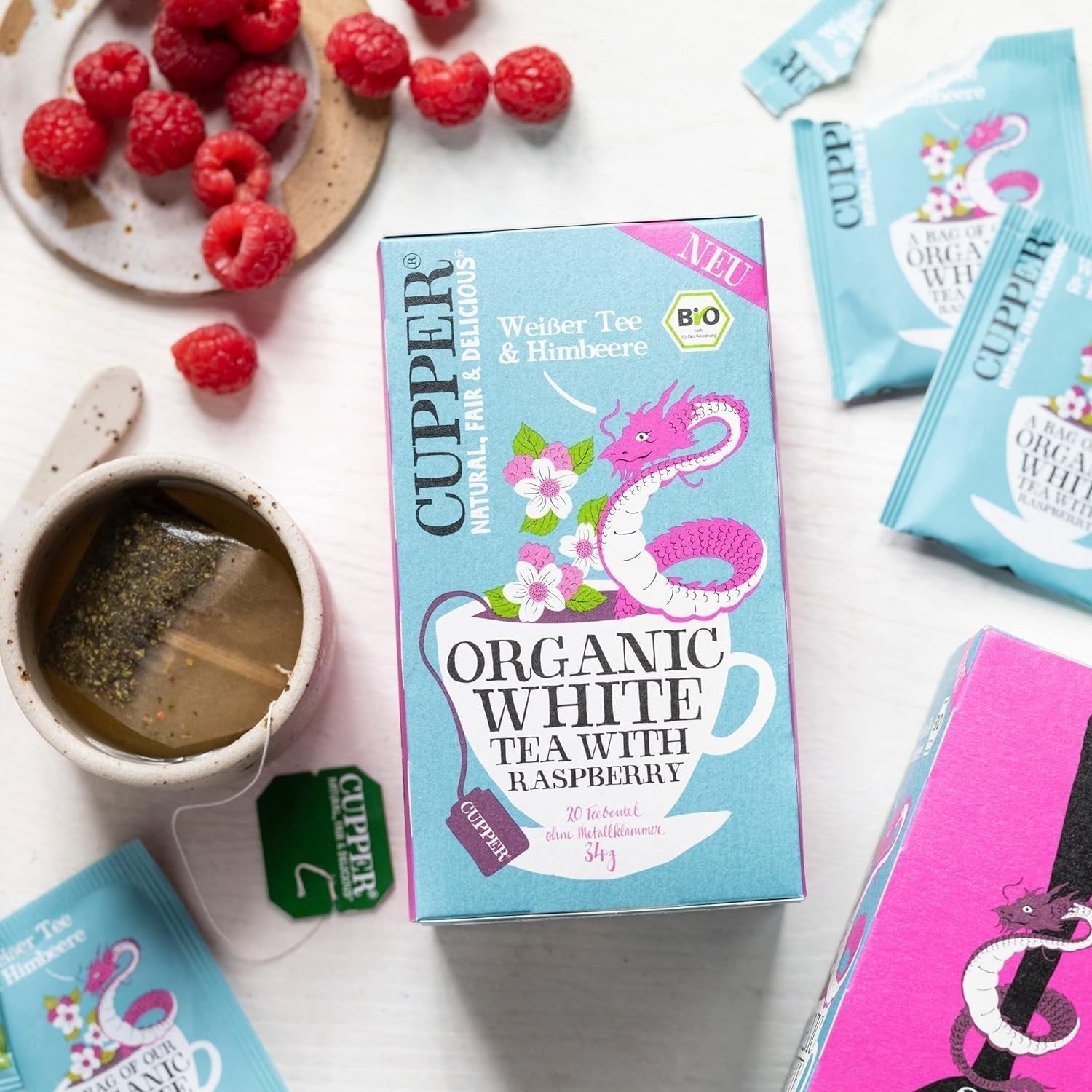 Cupper biologische witte thee, framboos, 20 zakjes, 34 g (pak van 4)
