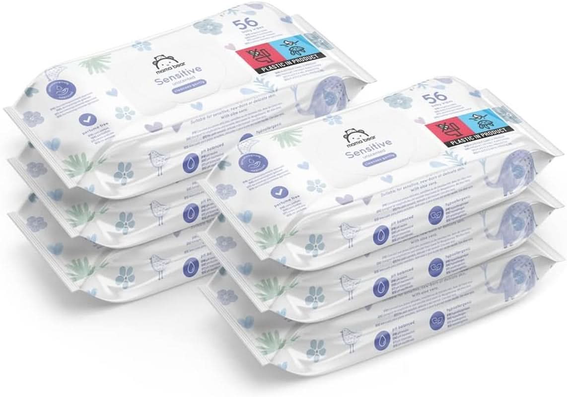 Naty Shop Mama Bear Sensitive babydoekjes ongeparfumeerd 56 stuks (pak van 6)